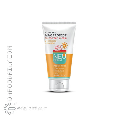 کرم ضدآفتاب بی رنگ پوست چرب فاقد چربی مدل Max Protect با SPF50 نئودرم 50 میلی لیتری