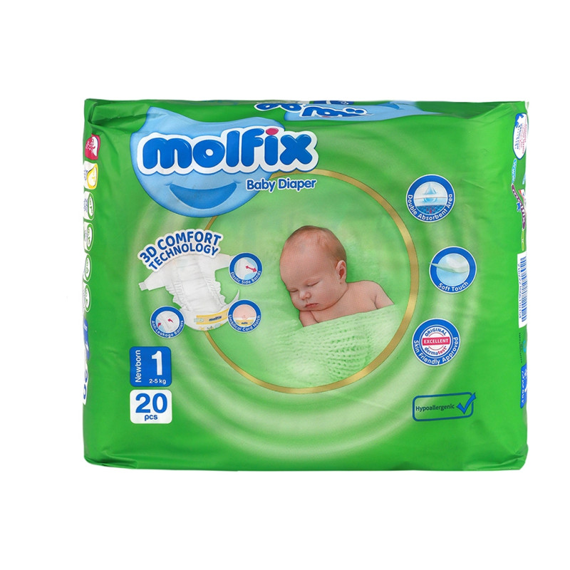 پوشک کودک 3 بعدی مولفیکس سایز 1 بسته 20 عددی