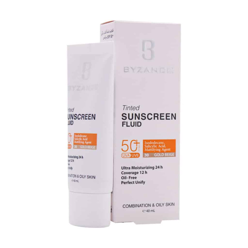 فلوئید ضد آفتاب کرم پودری بژ طلایی پوست چرب SPF50 بیزانس ۳۰ میلی لیتری
