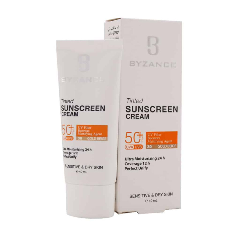 کرم ضد آفتاب کرم پودری بژ طلایی پوست خشک SPF50 بیزانس ۳۰ میلی لیتری