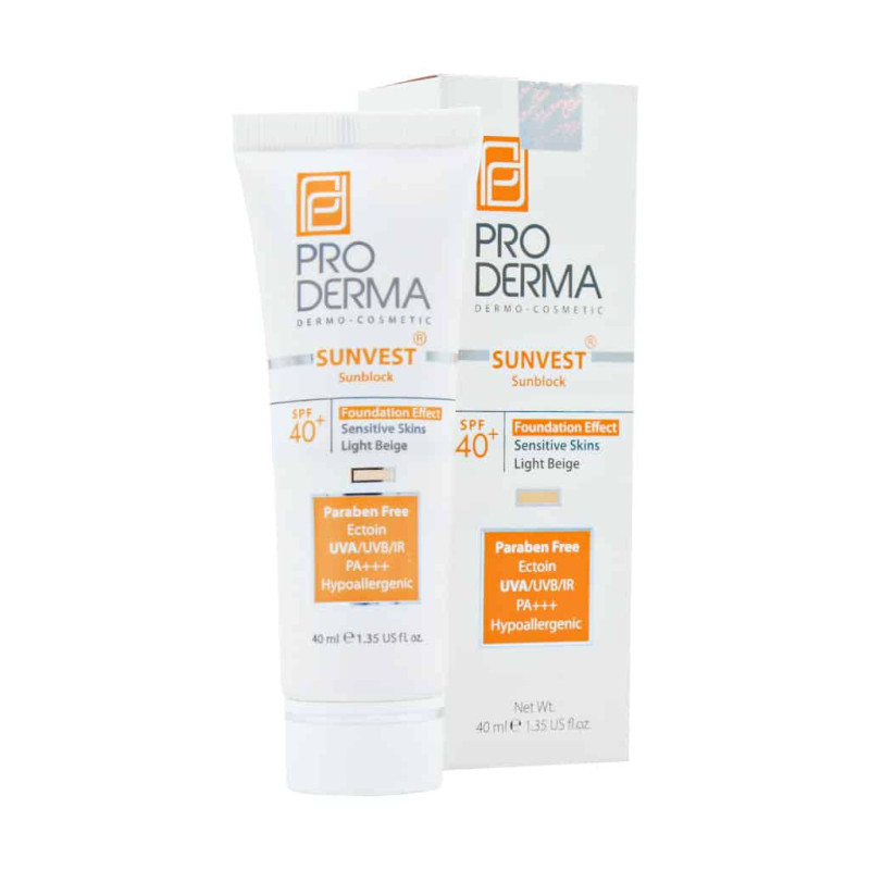 کرم ضد آفتاب بژ روشن پوست حساس SPF40 پرودرما 40 میلی لیتری