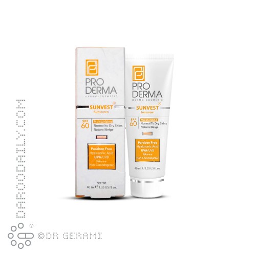 کرم ضد آفتاب و مرطوب کننده پوست معمولی و خشک SPF60 پرودرما ۴۰ میلی لیتری