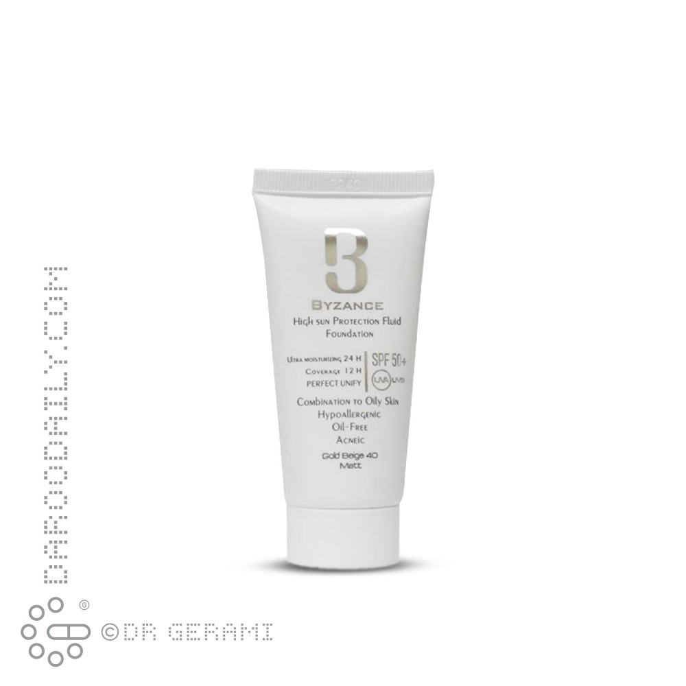 فلوئید ضد آفتاب کرم پودری بژ طلایی پوست چرب SPF50 بیزانس ۳۰ میلی لیتری