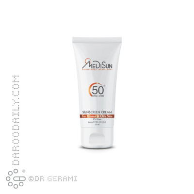 کرم ضد آفتاب بی رنگ پوست چرب فاقد چربی SPF50 مدیسان 50 میلی لیتری