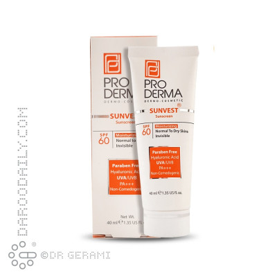 کرم ضد آفتاب و مرطوب کننده بی رنگ پوست خشک SPF60 پرودرما ۴۰ میلی لیتری