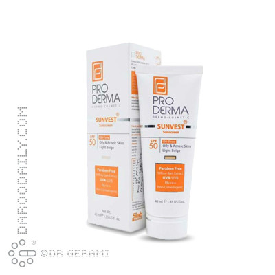کرم ضد آفتاب بژ روشن پوست چرب فاقد چربی SPF50 پرودرما 40 میلی لیتری