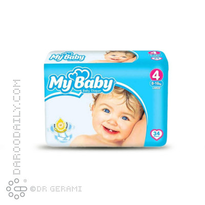 پوشک دوبل کودک آبی مهربان با پوست سایز ۴ مای بیبی 34 عددی