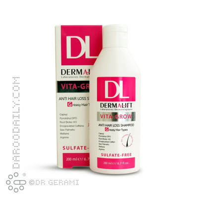 شامپو ضد ریزش و تقویت کننده موهای چرب مدل Vita Grow درمالیفت 200 میلی لیتری
