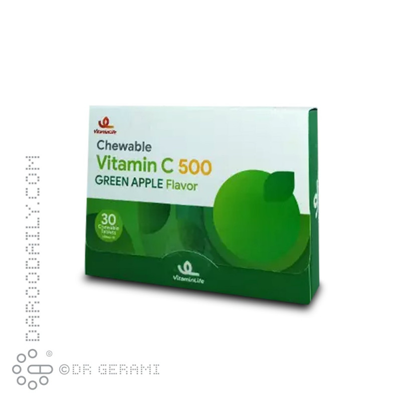 قرص جویدنی 500 میلی گرمی ویتامین C با طعم سیب سبز ویتامین لایف 30 عددی