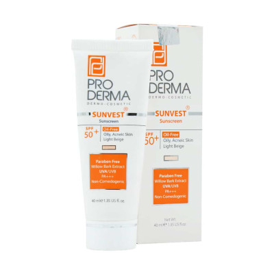 کرم ضد آفتاب بژ روشن پوست چرب فاقد چربی SPF50 پرودرما 40 میلی لیتری