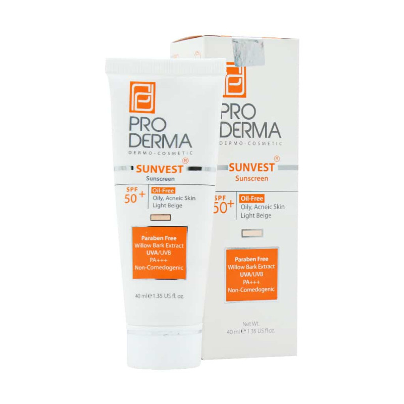 کرم ضد آفتاب بژ روشن پوست چرب فاقد چربی SPF50 پرودرما 40 میلی لیتری