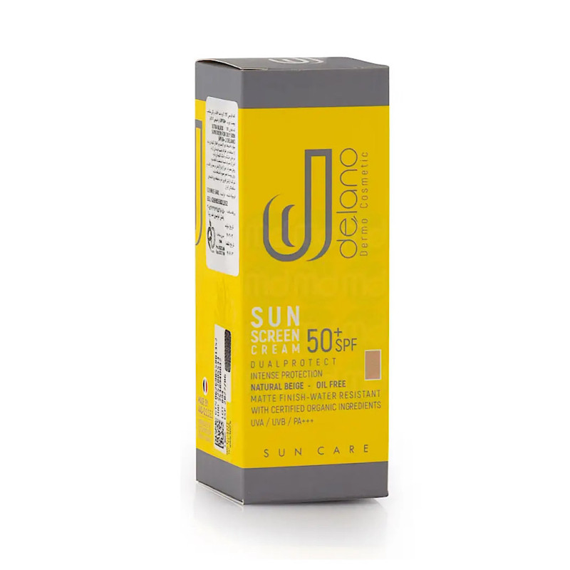 کرم ضد آفتاب بژ طبیعی پوست چرب فاقد چربی SPF50 دلانو 50 میلی لیتری