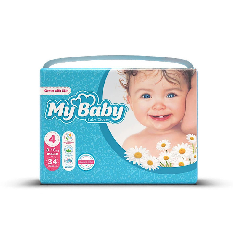 پوشک دوبل کودک آبی مهربان با پوست سایز ۴ مای بیبی 34 عددی