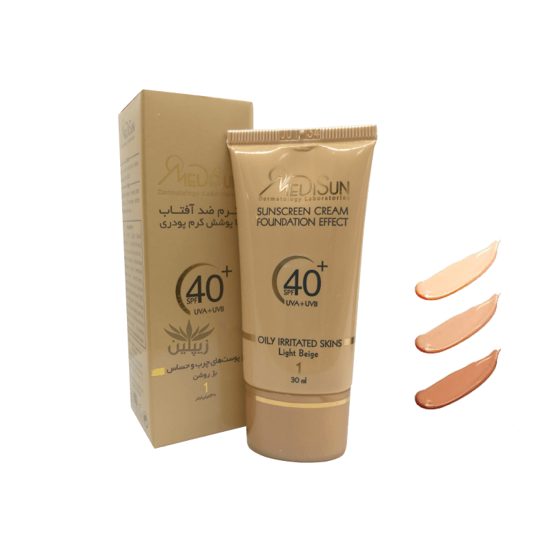 ضدآفتاب کرم پودری مدیسان SPF40 رنگ بژ روشن 1 مناسب انواع پوست حجم 30 میلی لیتر