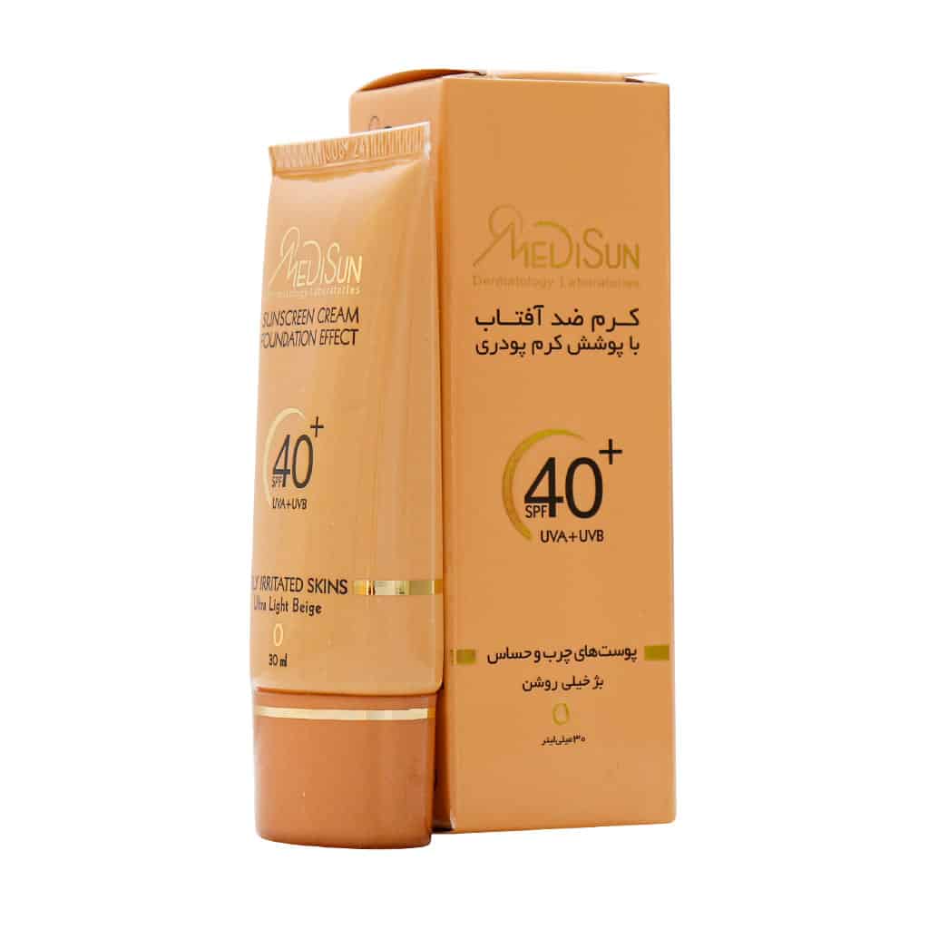 کرم ضد آفتاب کرم پودری کاراملی پوست خشک SPF 40 مدیسان 30 میلی لیتری