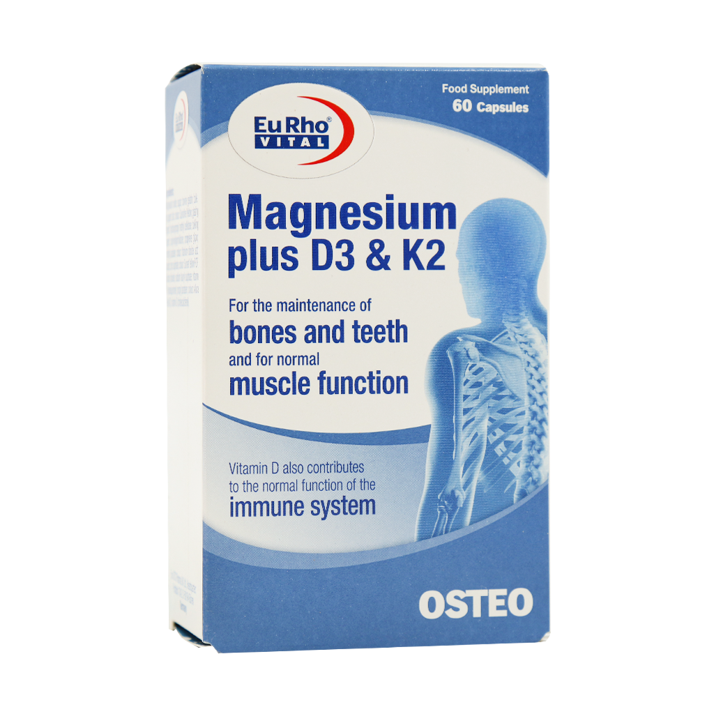 کپسول منیزیم پلاس D3 + K2 یوروویتال 60 عددی