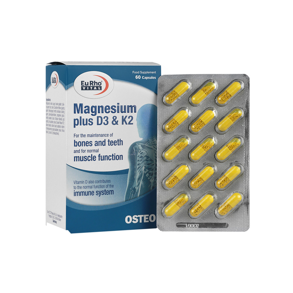 کپسول منیزیم پلاس D3 + K2 یوروویتال 60 عددی