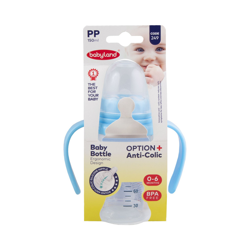 شیشه شیر فندقی دسته دار بی بی لند 150 میلی لیتری کد 249